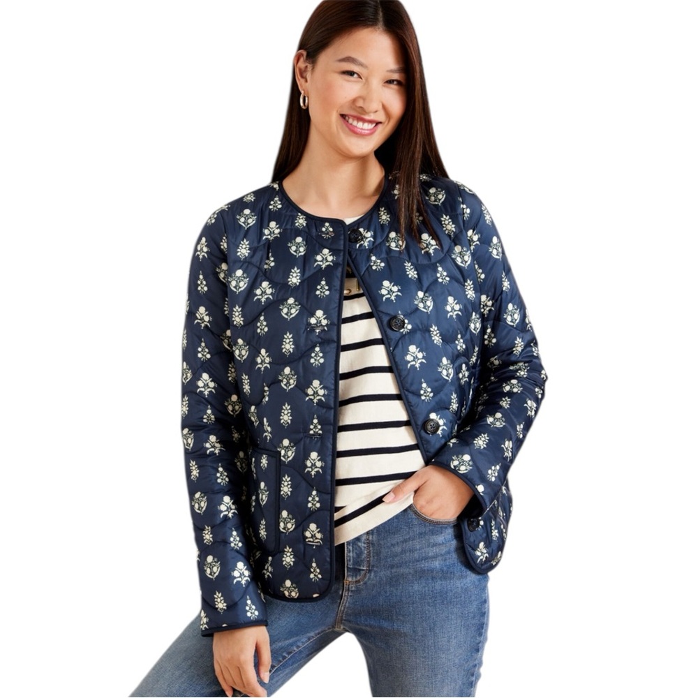 TALBOTS Quilted Collarless Jacket in Ditsey Foulard Navy/White Size 1X - Picture 2 of 12